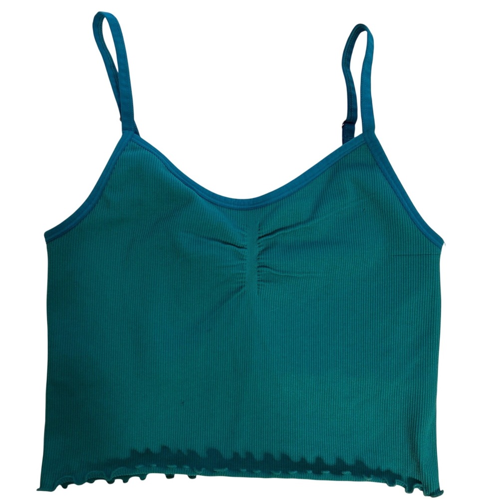 Spiritual Gangster Women's Cami Teal Ribbed Lettuce Hem Seamless Crop Top SZ M/L